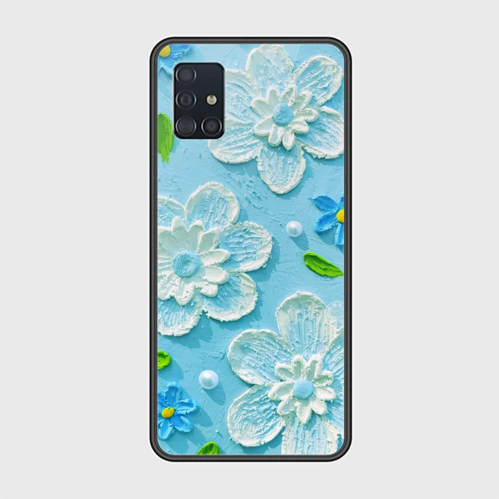 Samsung Galaxy A51 Cover - Floral Series - Design 3 - Sky Blue - HQ Ultra Shine Premium Infinity Glass Soft Silicon Borders Case