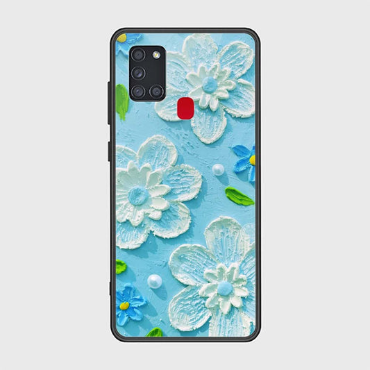 Samsung Galaxy A21s Cover - Floral Series - Design 3 - Sky Blue - HQ Ultra Shine Premium Infinity Glass Soft Silicon Borders Case