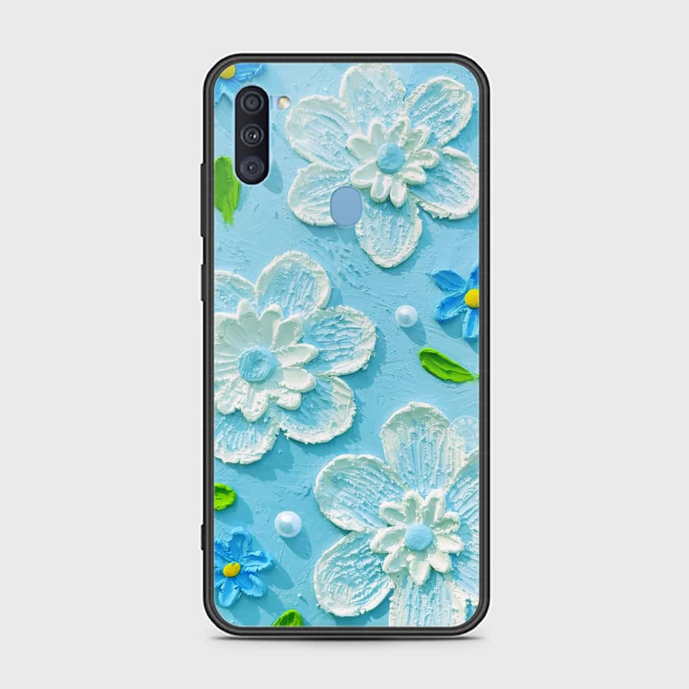 Samsung Galaxy M11 Cover - Floral Series - Design 3 - Sky Blue - HQ Ultra Shine Premium Infinity Glass Soft Silicon Borders Case