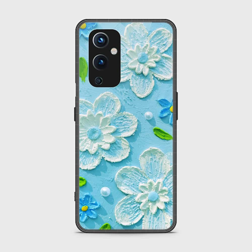 OnePlus 9 Cover - Floral Series - Design 3 - Purple & Aqua - HQ Ultra Shine Premium Infinity Glass Soft Silicon Borders Case