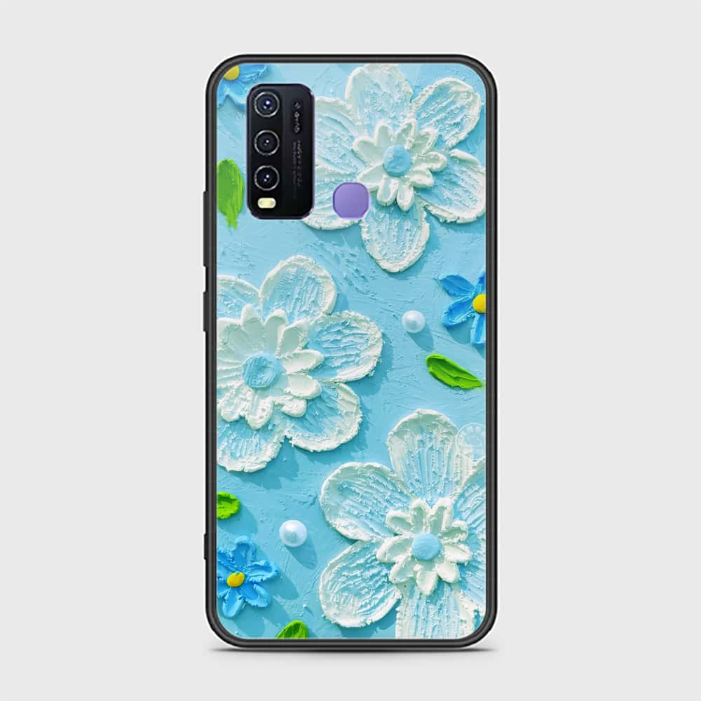 Vivo Y30 Cover - Floral Series - Design 3 - Sky Blue - HQ Ultra Shine Premium Infinity Glass Soft Silicon Borders Case