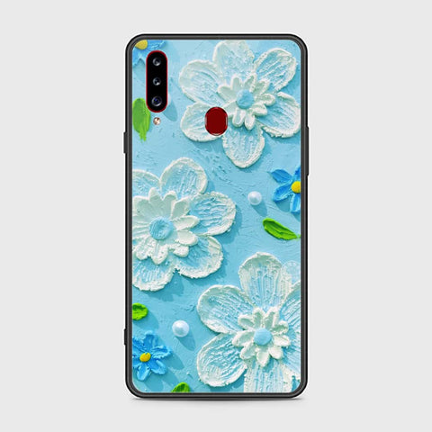 Samsung Galaxy A20s Cover - Floral Series - Design 3 - Purple & Aqua - HQ Ultra Shine Premium Infinity Glass Soft Silicon Borders Case