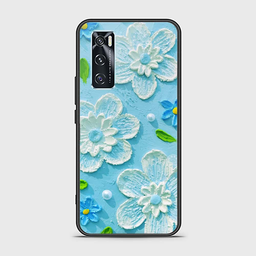 Vivo V20 SE Cover - Floral Series - Design 3 - Purple & Aqua - HQ Ultra Shine Premium Infinity Glass Soft Silicon Borders Case