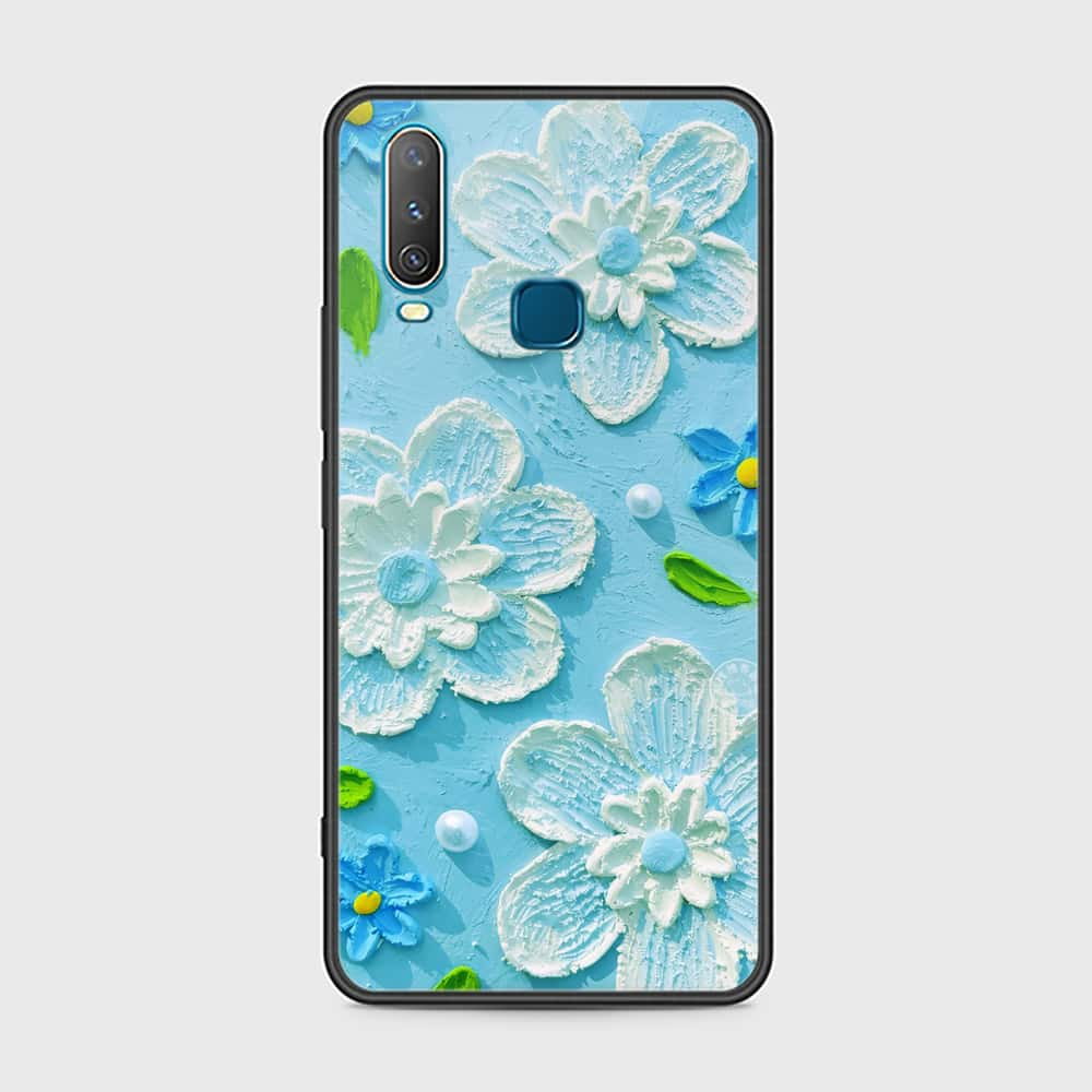 Vivo Y12 Cover - Floral Series - Design 3 - Sky Blue - HQ Ultra Shine Premium Infinity Glass Soft Silicon Borders Case