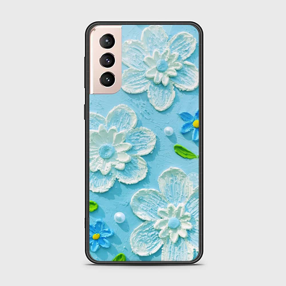 Samsung Galaxy S21 5G Cover - Floral Series - Design 3 - Sky Blue - HQ Ultra Shine Premium Infinity Glass Soft Silicon Borders Case