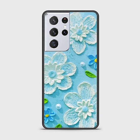 Samsung Galaxy S21 Ultra 5G Cover - Floral Series - Design 3 - Sky Blue - HQ Ultra Shine Premium Infinity Glass Soft Silicon Borders Case