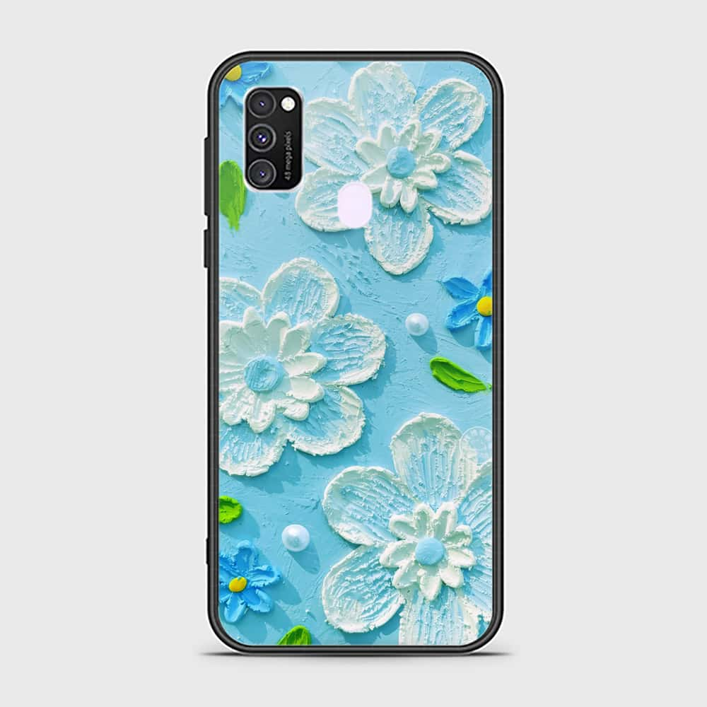 Samsung Galaxy M30s Cover - Floral Series - Design 3 - Sky Blue - HQ Ultra Shine Premium Infinity Glass Soft Silicon Borders Case