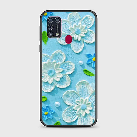 Samsung Galaxy M31 Cover - Floral Series - Design 3 - Sky Blue - HQ Ultra Shine Premium Infinity Glass Soft Silicon Borders Case