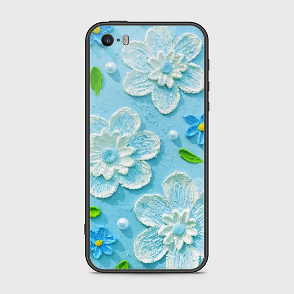 iPhone 5s Cover - Floral Series - Design 3 - Sky Blue - HQ Ultra Shine Premium Infinity Glass Soft Silicon Borders Case