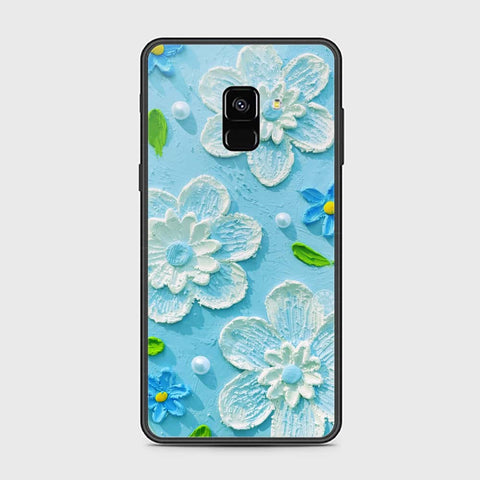 Samsung Galaxy A8 2018 Cover - Floral Series - Design 3 - Sky Blue - HQ Ultra Shine Premium Infinity Glass Soft Silicon Borders Case