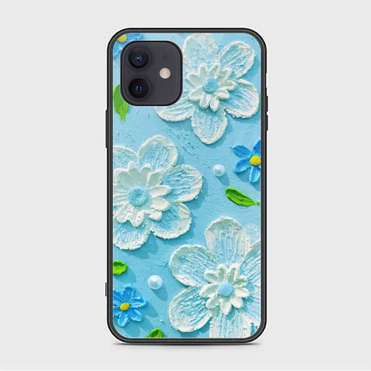 iPhone 12 Cover - Floral Series - Design 3 - Sky Blue - HQ Ultra Shine Premium Infinity Glass Soft Silicon Borders Case