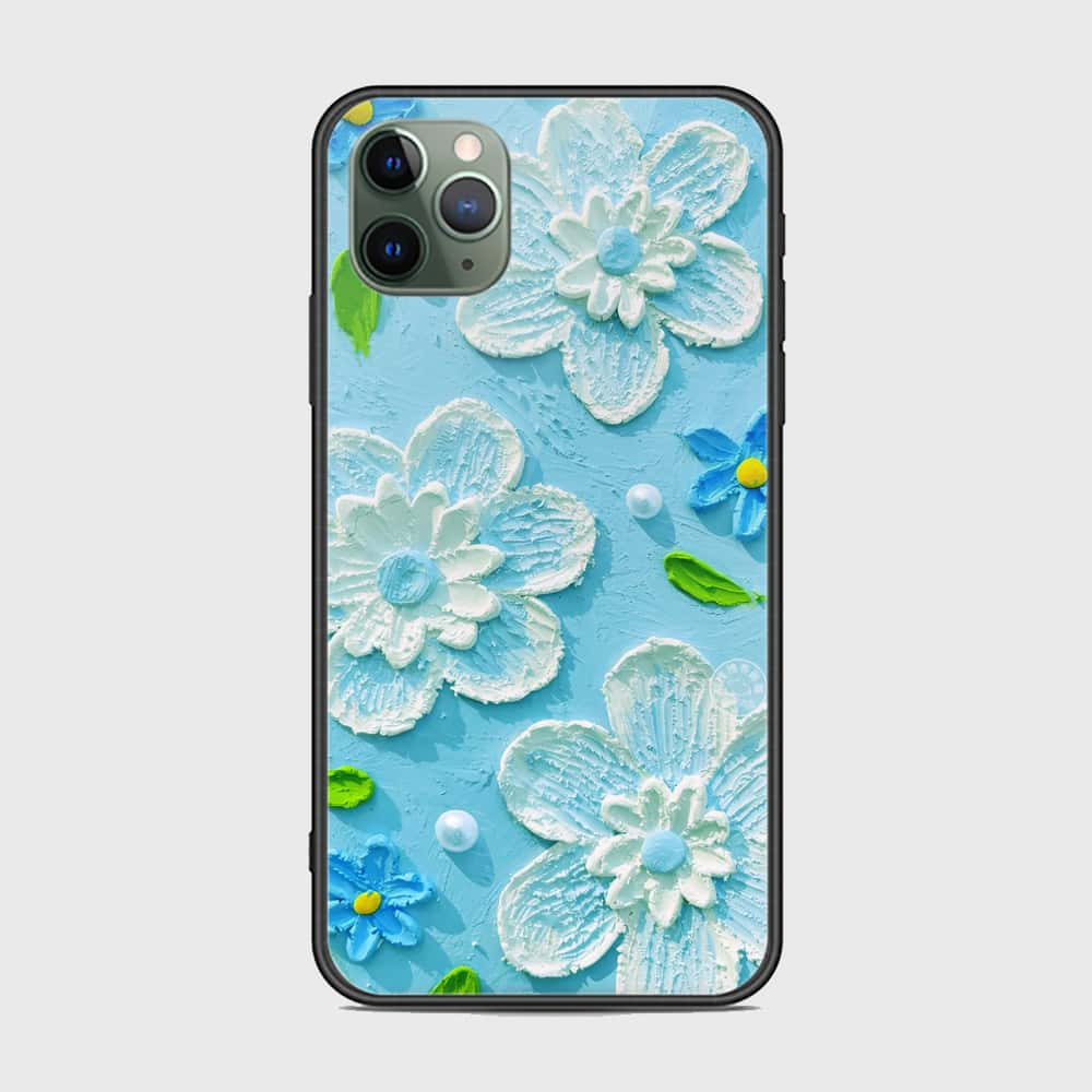 iPhone 11 Pro Max Cover - Floral Series - Design 3 - Sky Blue - HQ Ultra Shine Premium Infinity Glass Soft Silicon Borders Case