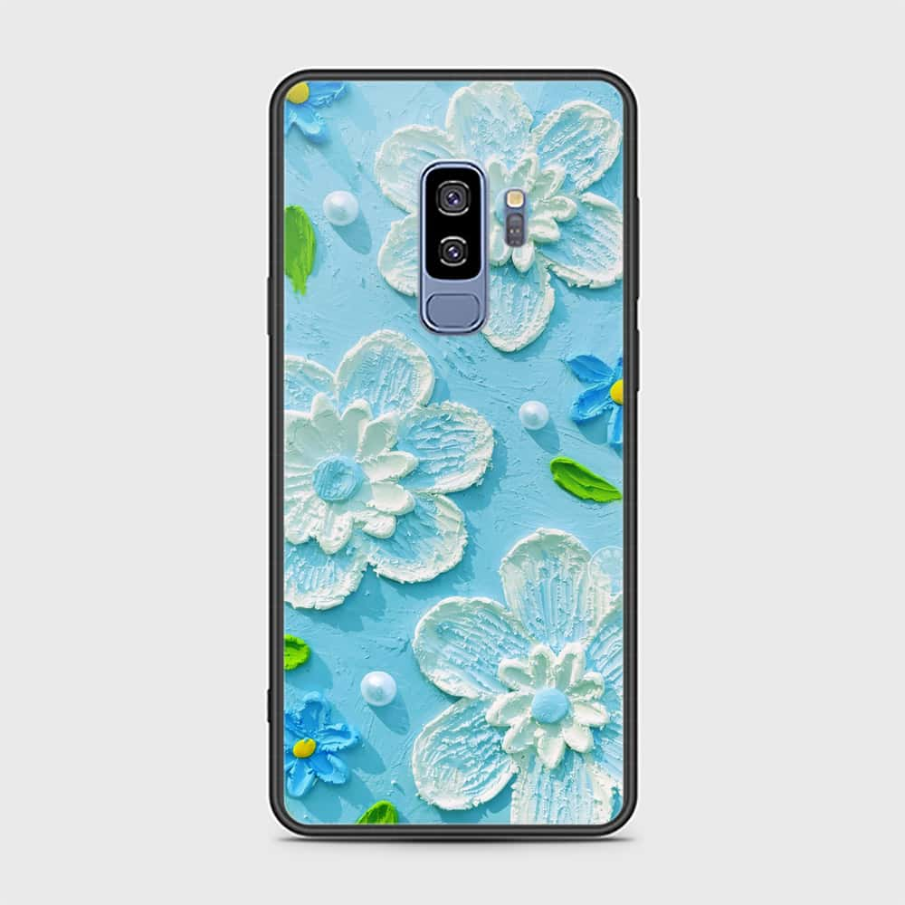 Samsung Galaxy S9 Plus Cover - Floral Series - Design 3 - Sky Blue - HQ Ultra Shine Premium Infinity Glass Soft Silicon Borders Case