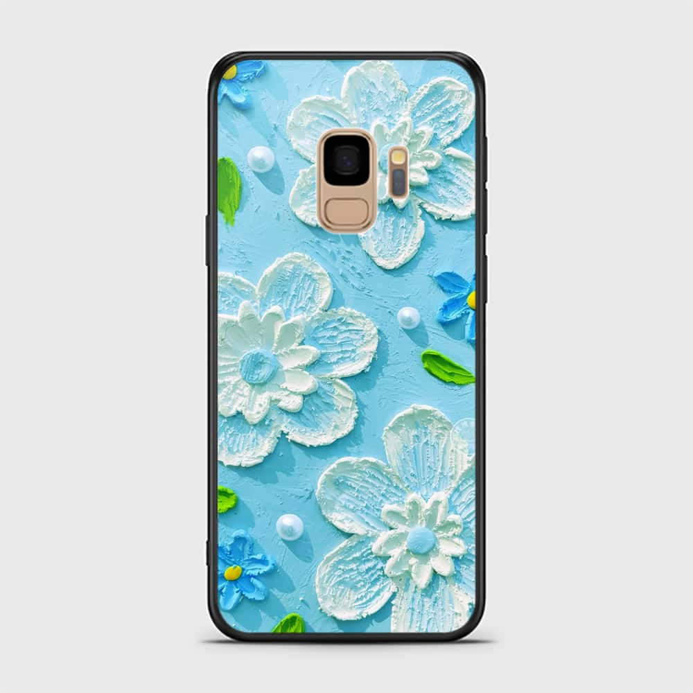 Samsung Galaxy S9 Cover - Floral Series - Design 3 - Sky Blue - HQ Ultra Shine Premium Infinity Glass Soft Silicon Borders Case