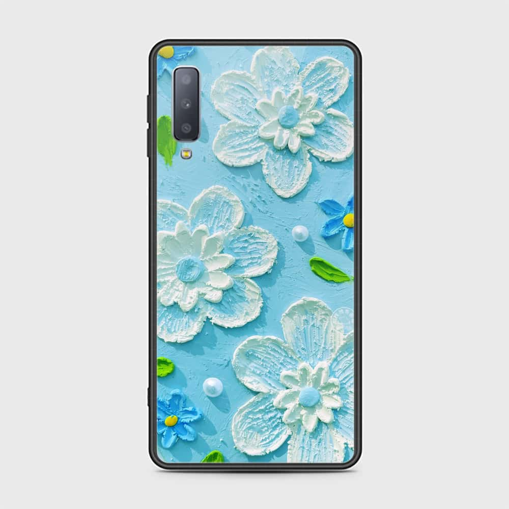 Samsung Galaxy A7 2018 Cover - Floral Series - Design 3 - Sky Blue - HQ Ultra Shine Premium Infinity Glass Soft Silicon Borders Case