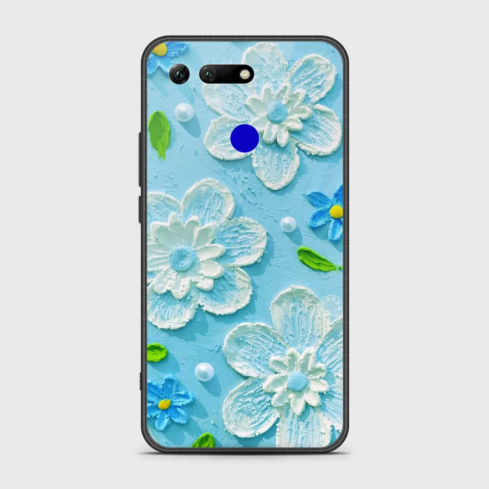 Huawei Honor View 20 Cover - Floral Series - Design 3 - Sky Blue - HQ Ultra Shine Premium Infinity Glass Soft Silicon Borders Case