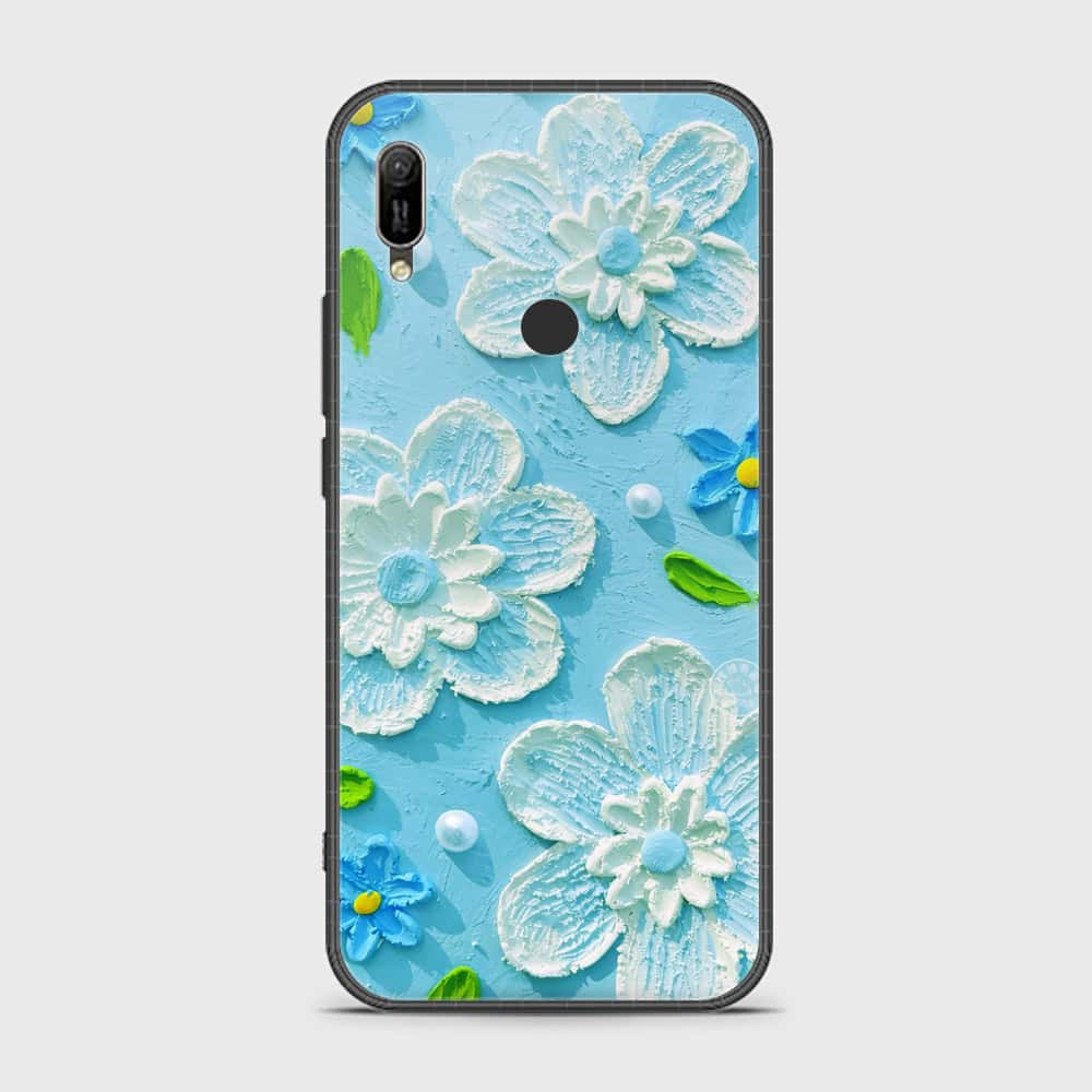 Huawei Y6 2019 Cover - Floral Series - Design 3 - Sky Blue - HQ Ultra Shine Premium Infinity Glass Soft Silicon Borders Case