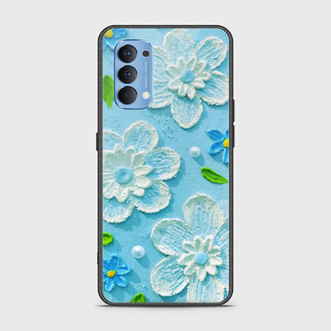 Oppo Reno 4 Cover - Floral Series - Design 3 - Sky Blue - HQ Ultra Shine Premium Infinity Glass Soft Silicon Borders Case