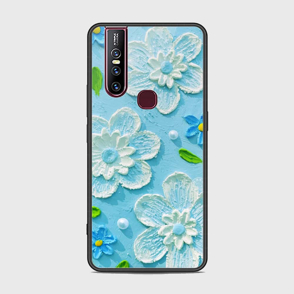 Vivo V15 Cover - Floral Series - Design 3 - Sky Blue - HQ Ultra Shine Premium Infinity Glass Soft Silicon Borders Case