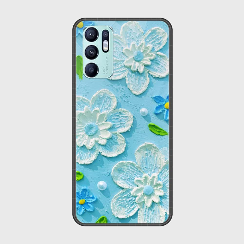 Oppo Reno 6 Cover - Floral Series - Design 3 - Sky Blue - HQ Ultra Shine Premium Infinity Glass Soft Silicon Borders Case