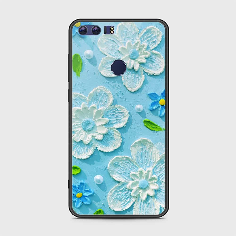 Huawei Honor 8 Cover - Floral Series - Design 3 - Sky Blue - HQ Ultra Shine Premium Infinity Glass Soft Silicon Borders Case