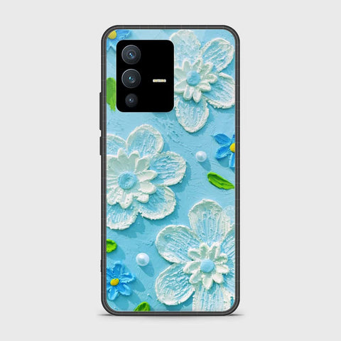 Vivo V23 Cover - Floral Series - Design 3 - Purple & Aqua - HQ Ultra Shine Premium Infinity Glass Soft Silicon Borders Case