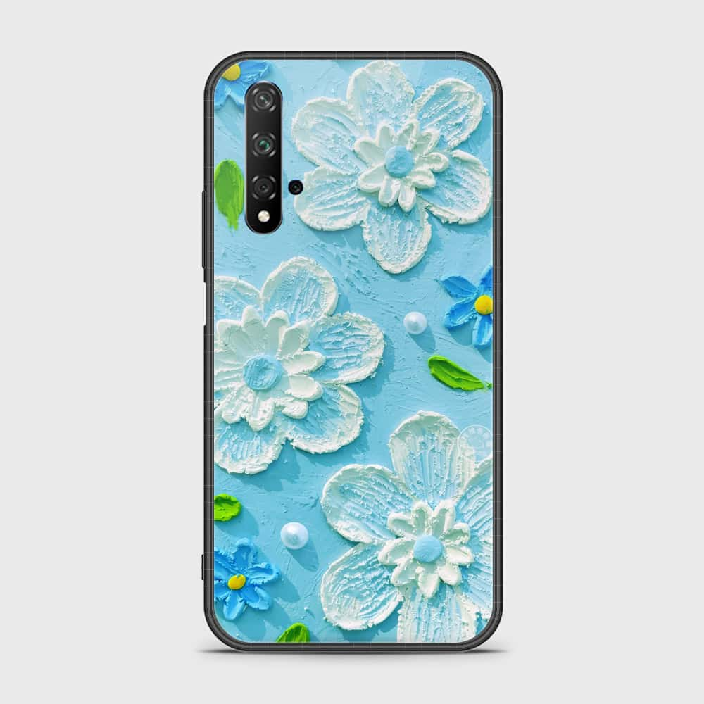 Honor 20 Cover - Floral Series - Design 3 - Sky Blue- HQ Ultra Shine Premium Infinity Glass Soft Silicon Borders Case