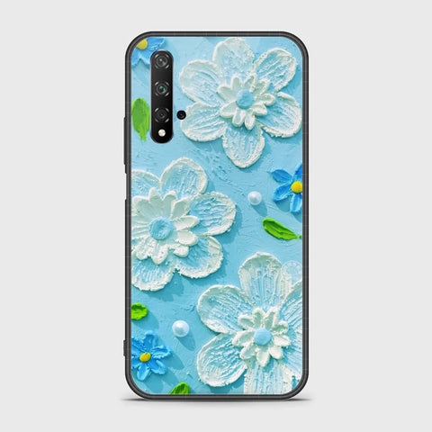 Honor 20 Cover - Floral Series - Design 3 - Sky Blue- HQ Ultra Shine Premium Infinity Glass Soft Silicon Borders Case