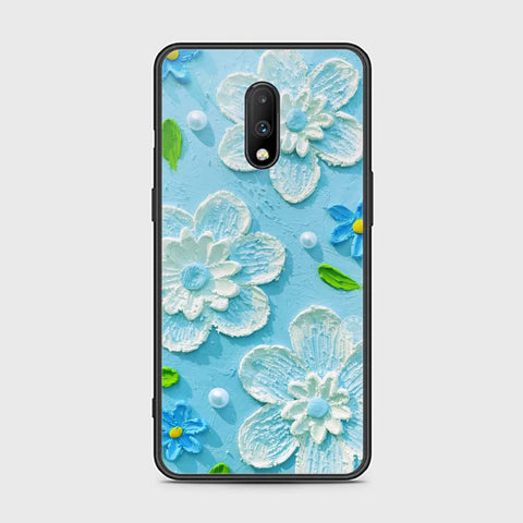 OnePlus 7 Cover - Floral Series - Design 3 - Sky Blue - HQ Ultra Shine Premium Infinity Glass Soft Silicon Borders Case