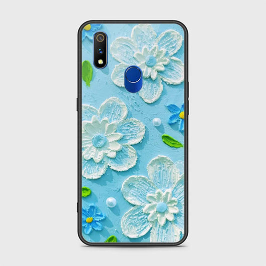 Realme 3 Pro Cover - Floral Series - Design 3 - Sky Blue - HQ Ultra Shine Premium Infinity Glass Soft Silicon Borders Case