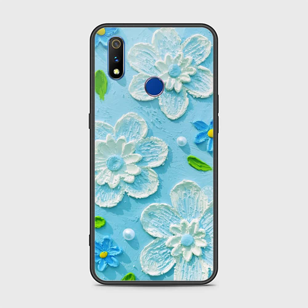 Realme 3 Cover - Floral Series - Design 3 - Purple & Aqua - HQ Ultra Shine Premium Infinity Glass Soft Silicon Borders Case