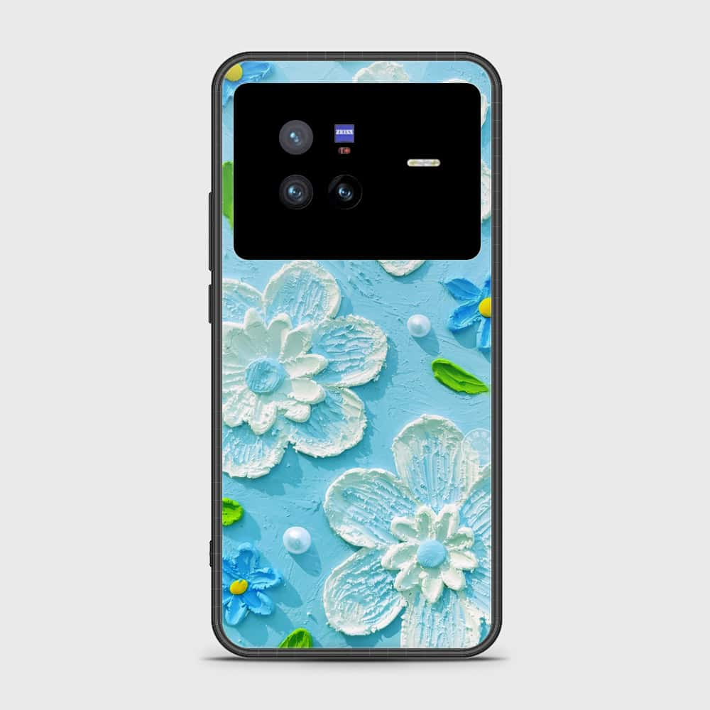 Vivo X80 Cover - Floral Series - Design 3 - Sky Blue - HQ Ultra Shine Premium Infinity Glass Soft Silicon Borders Case