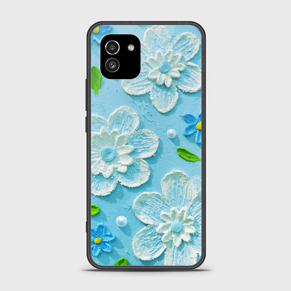 Samsung Galaxy A03 Cover - Floral Series - Design 3 - Sky Blue - HQ Ultra Shine Premium Infinity Glass Soft Silicon Borders Case