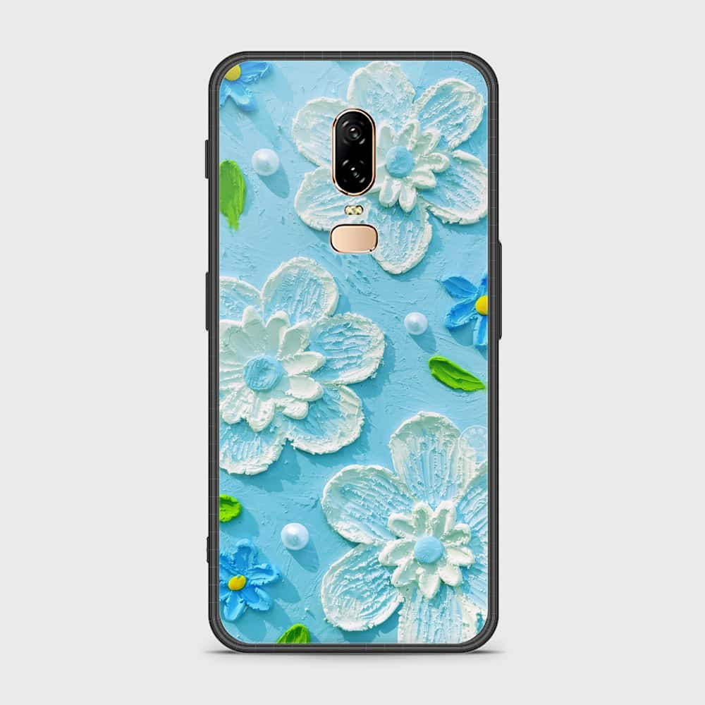 OnePlus 6 Cover - Floral Series - Design 3 - Sky Blue - HQ Ultra Shine Premium Infinity Glass Soft Silicon Borders Case