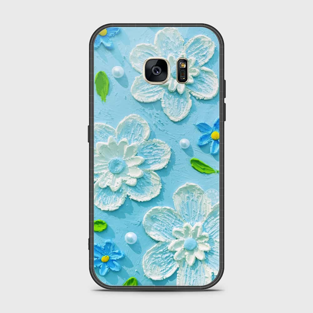 Samsung Galaxy S7 Cover - Floral Series - Design 3 - Sky Blue - HQ Ultra Shine Premium Infinity Glass Soft Silicon Borders Case