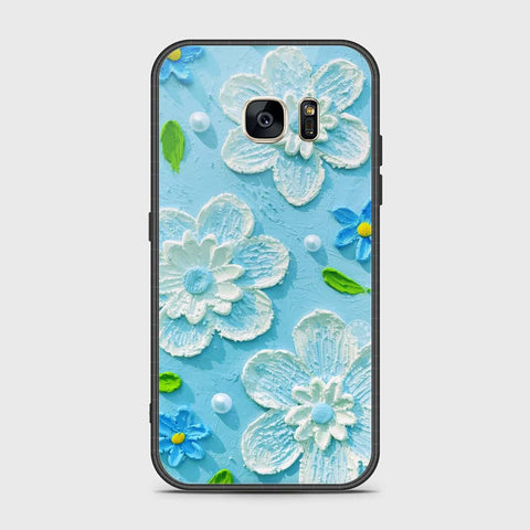 Samsung Galaxy S7 Cover - Floral Series - Design 3 - Sky Blue - HQ Ultra Shine Premium Infinity Glass Soft Silicon Borders Case