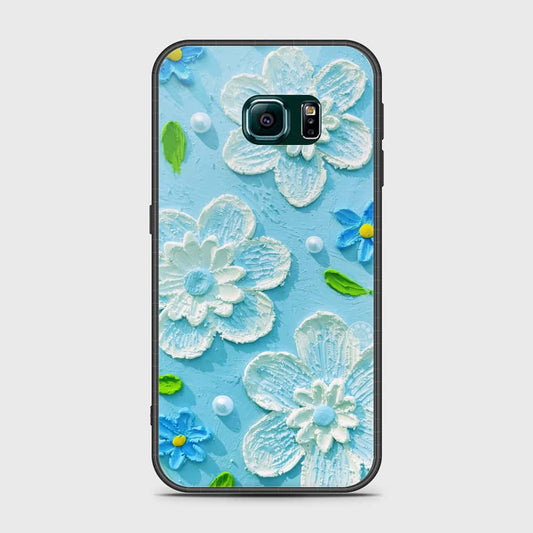 Samsung Galaxy S6 Edge Cover - Floral Series - Design 3 - Sky Blue - HQ Ultra Shine Premium Infinity Glass Soft Silicon Borders Case