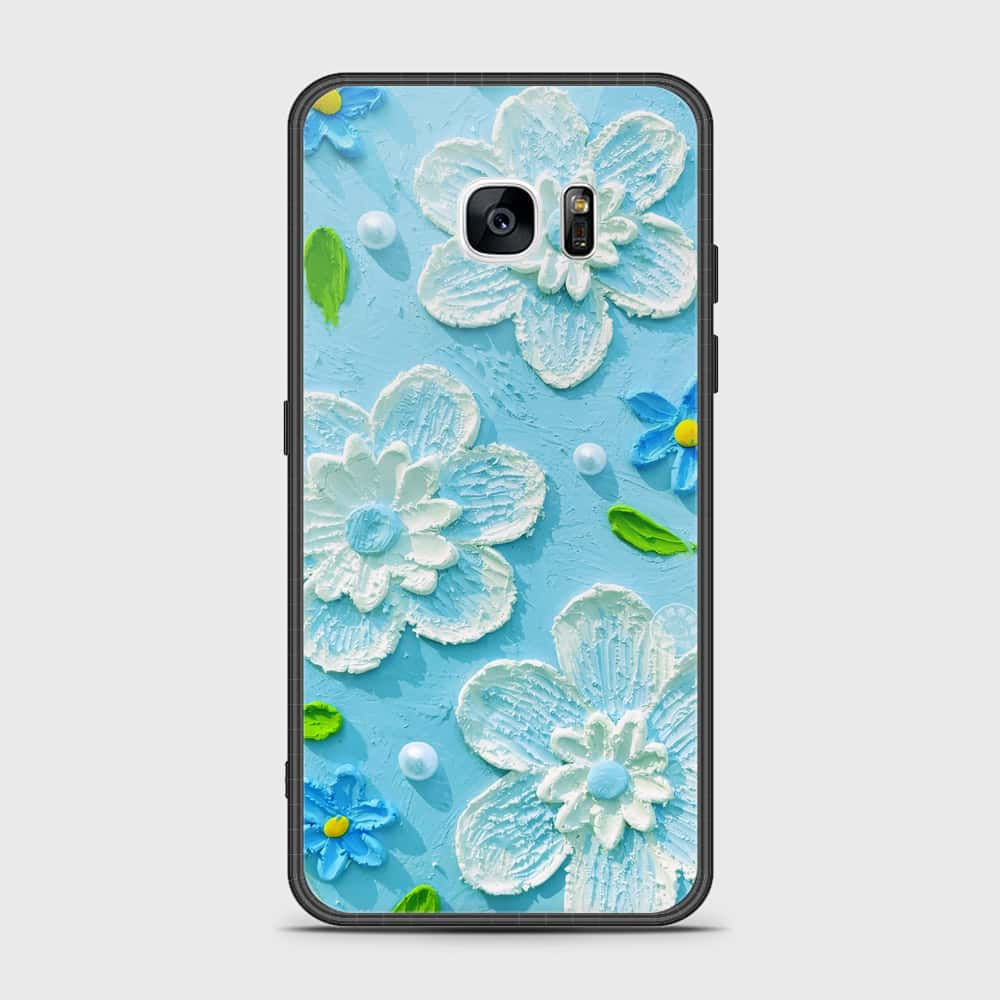 Samsung Galaxy S7 Edge Cover - Floral Series - Design 3 - Sky Blue - HQ Ultra Shine Premium Infinity Glass Soft Silicon Borders Case