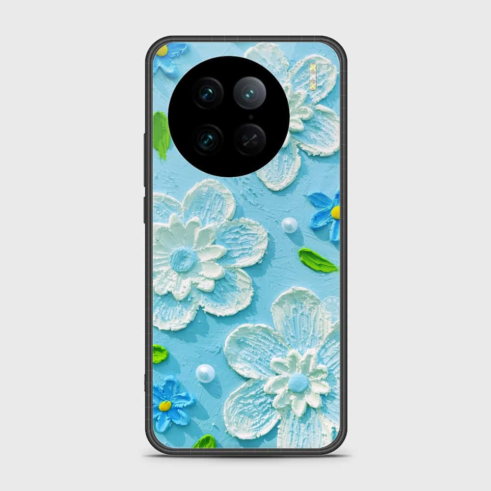 Vivo X90 Pro Cover - Floral Series - Design 3 - Sky Blue - HQ Ultra Shine Premium Infinity Glass Soft Silicon Borders Case