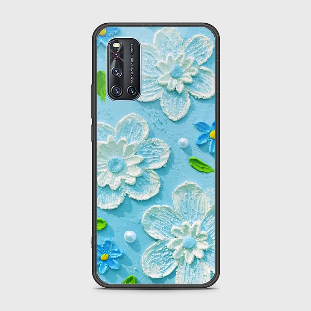 Vivo V19 Cover - Floral Series - Design 3 - Purple & Aqua - HQ Ultra Shine Premium Infinity Glass Soft Silicon Borders Case