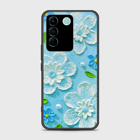 Vivo V27e Cover - Floral Series - Design 3 - Sky Blue - HQ Ultra Shine Premium Infinity Glass Soft Silicon Borders Case