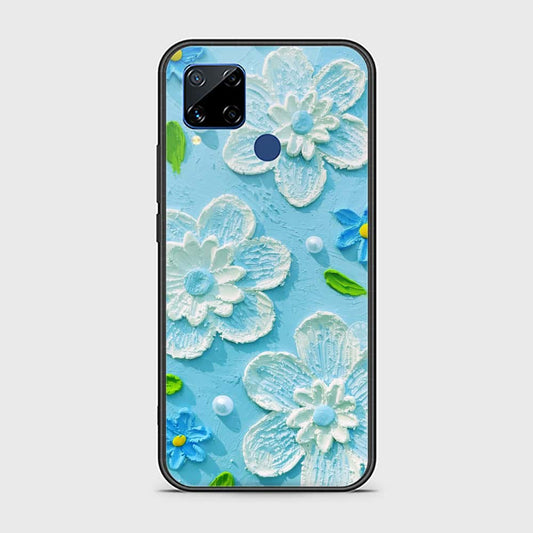 Realme C15 Cover - Floral Series - Design 3 - Sky Blue - HQ Ultra Shine Premium Infinity Glass Soft Silicon Borders Case