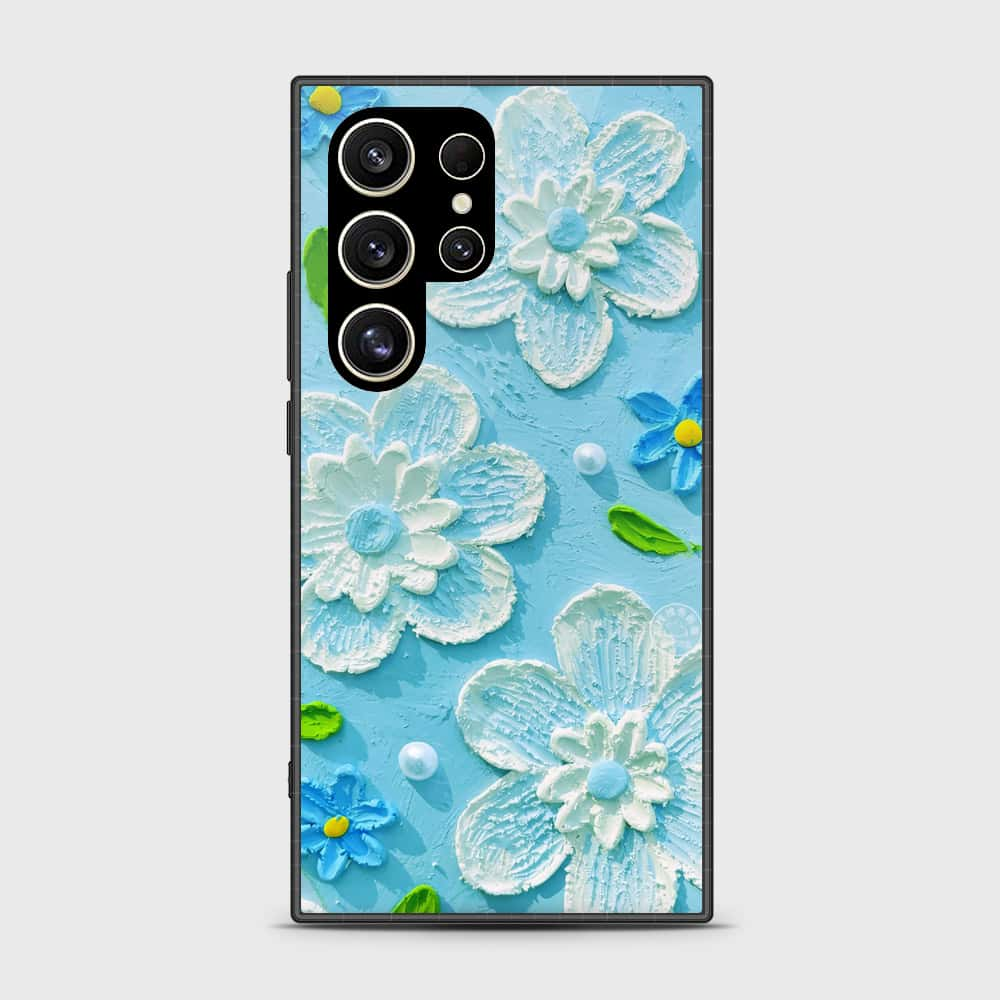 Samsung Galaxy S24 Ultra Cover - Floral Series - Design 3 - Sky Blue - HQ Ultra Shine Premium Infinity Glass Soft Silicon Borders Case