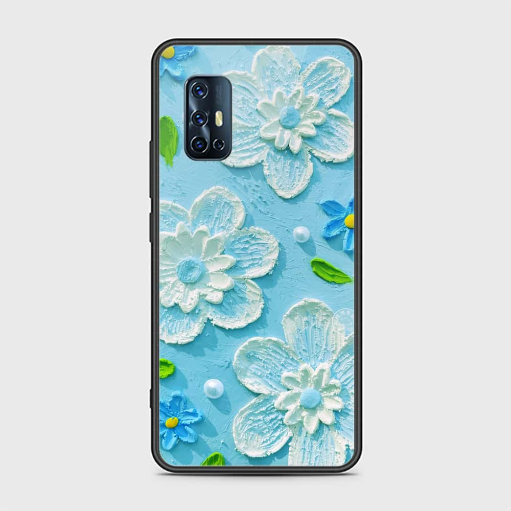 Vivo V17 Cover - Floral Series - Design 3 - Sky Blue - HQ Ultra Shine Premium Infinity Glass Soft Silicon Borders Case