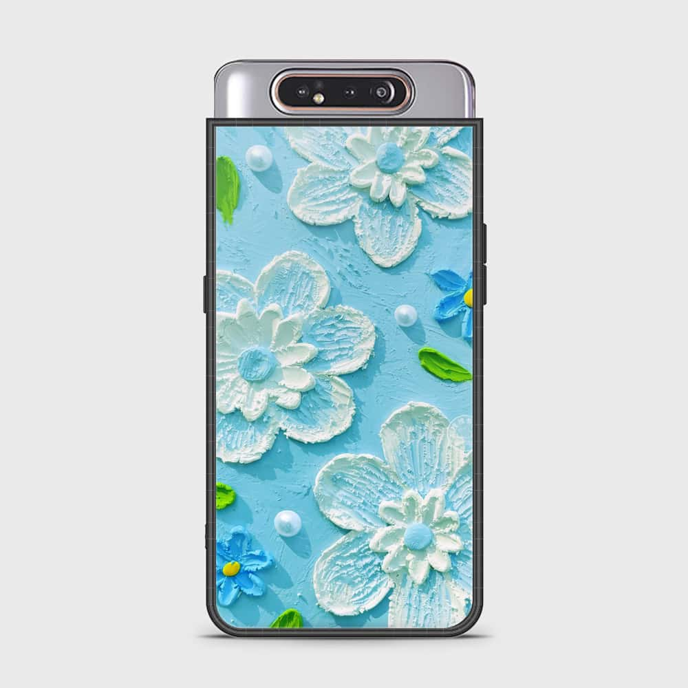 Samsung Galaxy A80 Cover - Floral Series - Design 3 - Sky Blue - HQ Ultra Shine Premium Infinity Glass Soft Silicon Borders Case