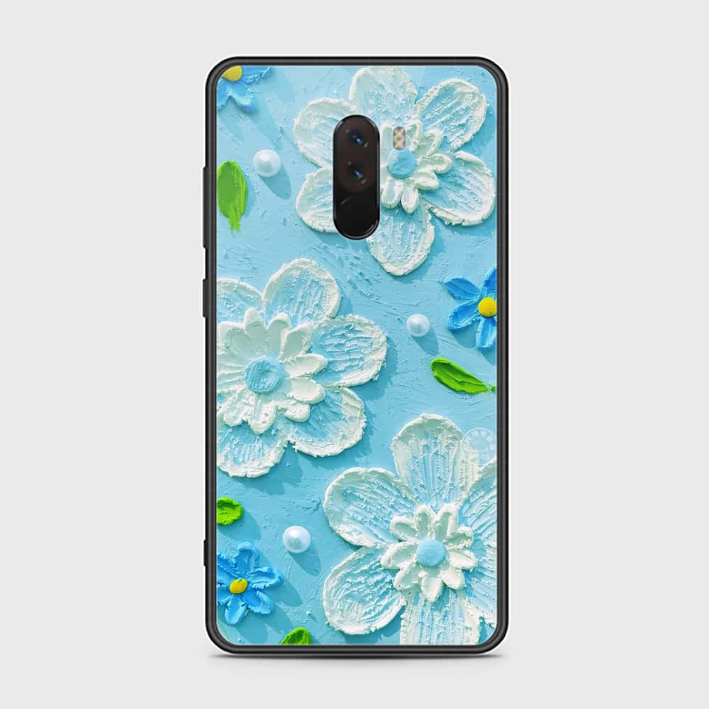 Xiaomi Pocophone F1 Cover - Floral Series - Design 3 - Sky Blue - HQ Ultra Shine Premium Infinity Glass Soft Silicon Borders Case