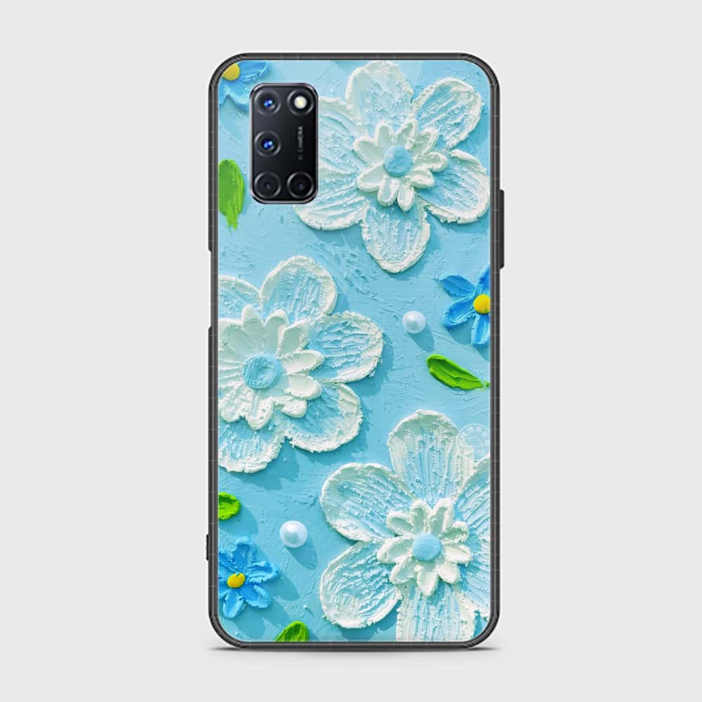 Oppo A92 Cover - Floral Series - Design 3 - Sky Blue - HQ Ultra Shine Premium Infinity Glass Soft Silicon Borders Case