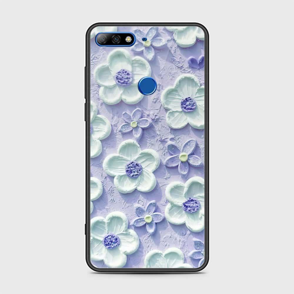 Huawei Y7 Prime 2018 Cover - Floral Series - Design 4 - Purple & White - HQ Ultra Shine Premium Infinity Glass Soft Silicon Borders Case