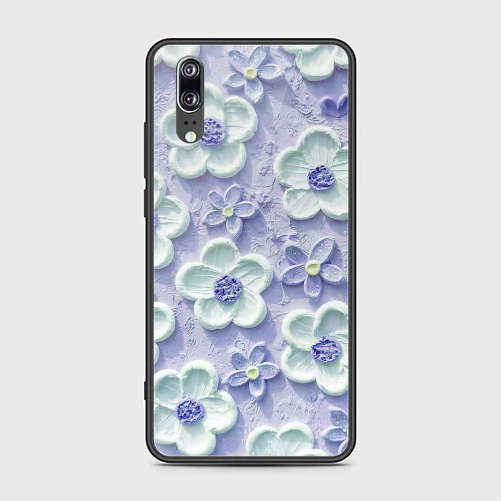 Huawei P20 Cover - Floral Series - Design 4 - Purple & White - HQ Ultra Shine Premium Infinity Glass Soft Silicon Borders Case