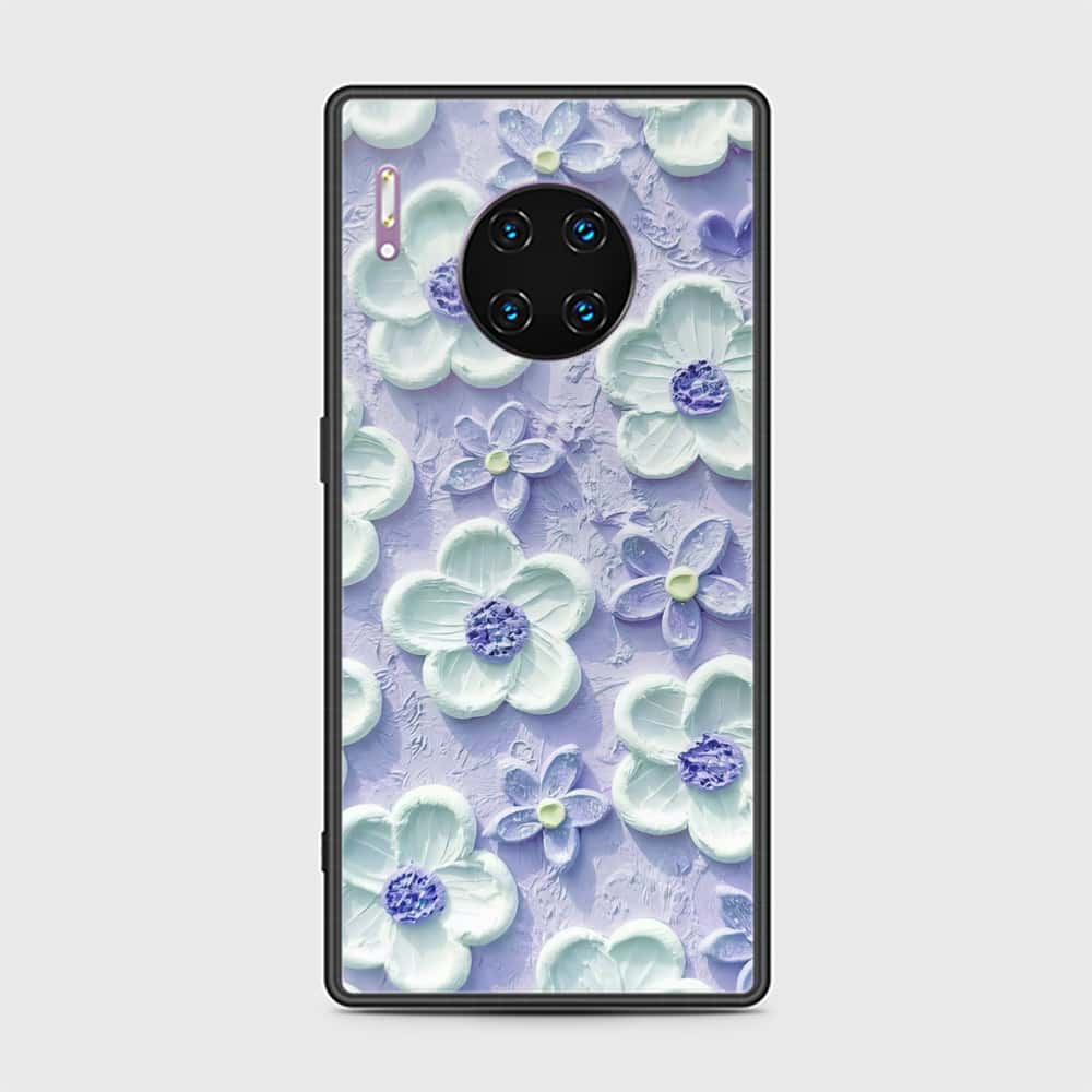 Huawei Mate 30 Pro Cover - Floral Series - Design 4 - Purple & White - HQ Ultra Shine Premium Infinity Glass Soft Silicon Borders Case